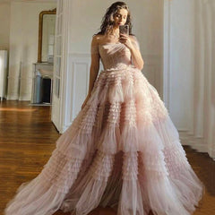 Blush Princess A line Off Shoulder Ruffled Tulle Prom Dress