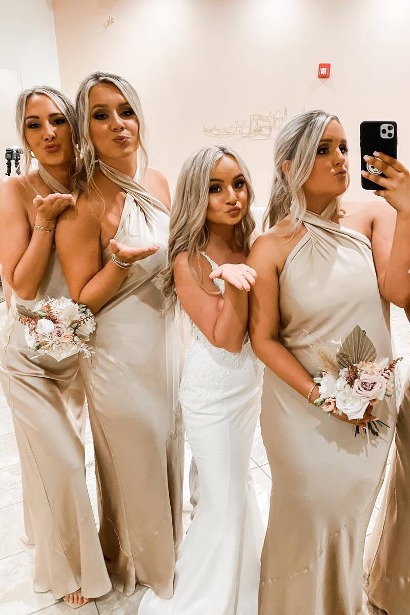 Champagne Cross Front Halter Bridesmaid Dress, Floor Length