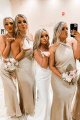 Champagne Cross Front Halter Bridesmaid Dress, Floor Length