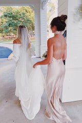 Champagne Cross Front Halter Bridesmaid Dress, Floor Length