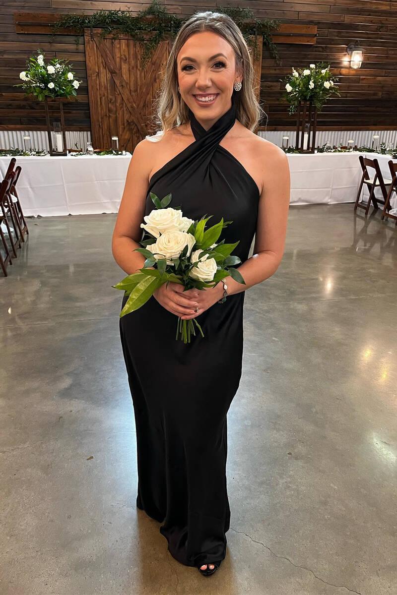 Champagne Cross Front Halter Bridesmaid Dress, Floor Length