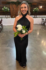 Champagne Cross Front Halter Bridesmaid Dress, Floor Length