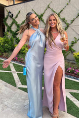 Champagne Cross Front Halter Bridesmaid Dress, Floor Length