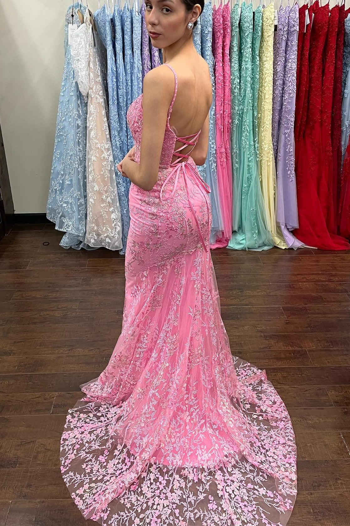Mermaid Sheath Cute Pink Lace Appliqued Long Prom Dress