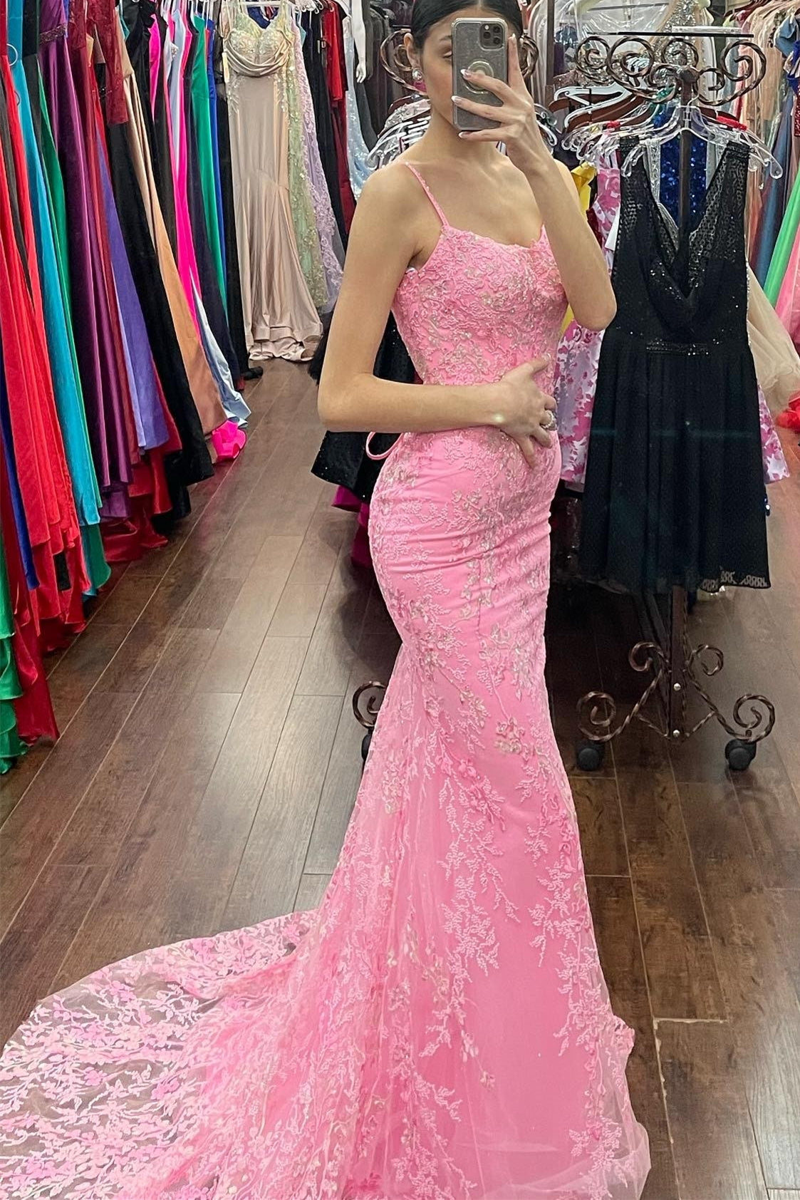 Mermaid Sheath Cute Pink Lace Appliqued Long Prom Dress