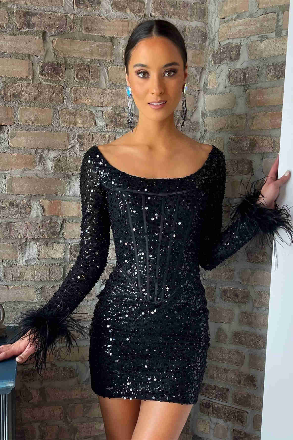 Bodycorn Sequins Homecoming Dress with Long Sleeves