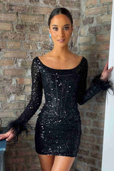 Bodycorn Sequins Homecoming Dress with Long Sleeves
