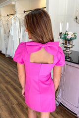 Hot Cute Pink Satin Sleeves Homecoming Dress with Bowtie