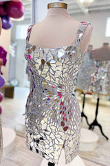 Square Neck Silver Cut Mirror Sequin  Bodycorn Homecoming Dress