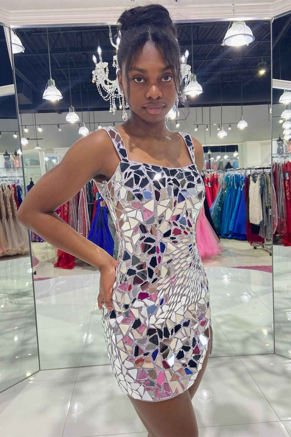 Square Neck Silver Cut Mirror Sequin  Bodycorn Homecoming Dress