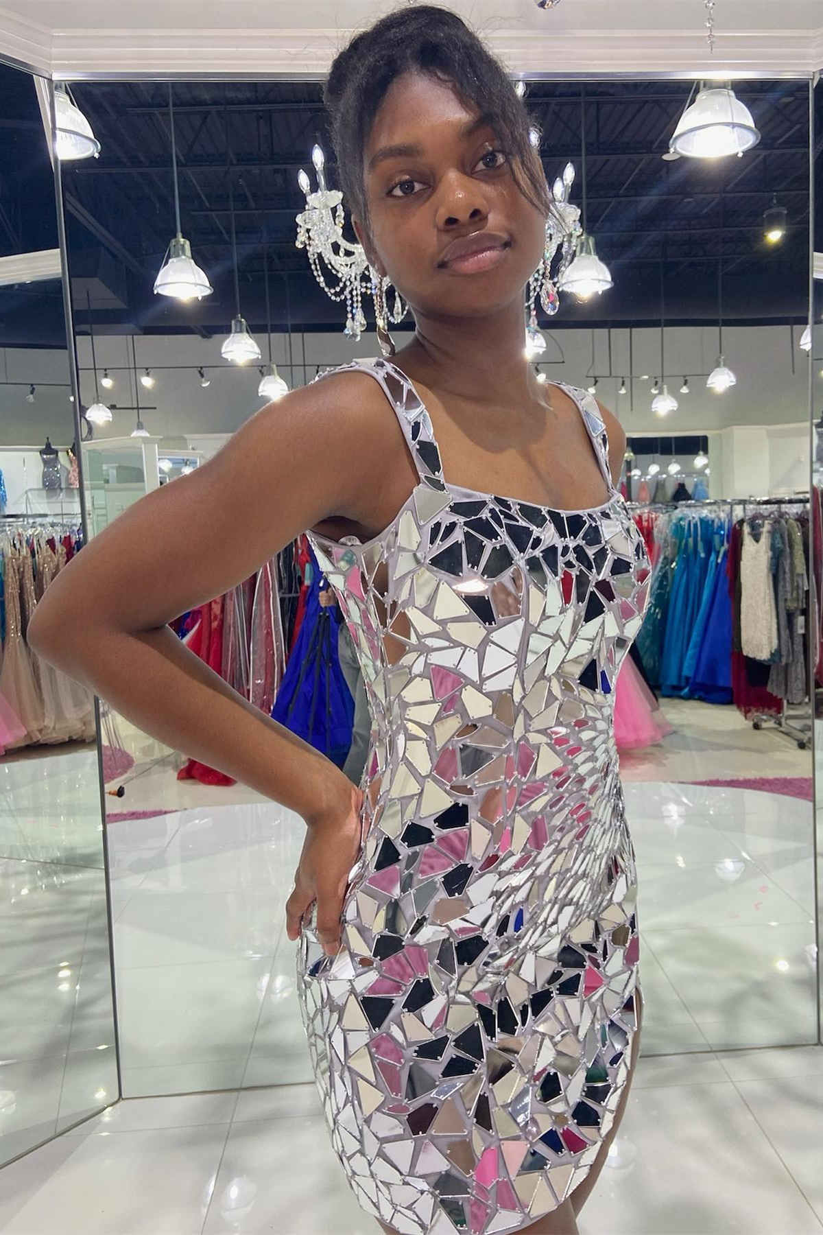 Square Neck Silver Cut Mirror Sequin  Bodycorn Homecoming Dress