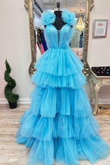 Light Blue Ruffle Straps A-Line Ruched Prom Dress