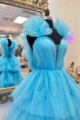 Light Blue Ruffle Straps A-Line Ruched Prom Dress