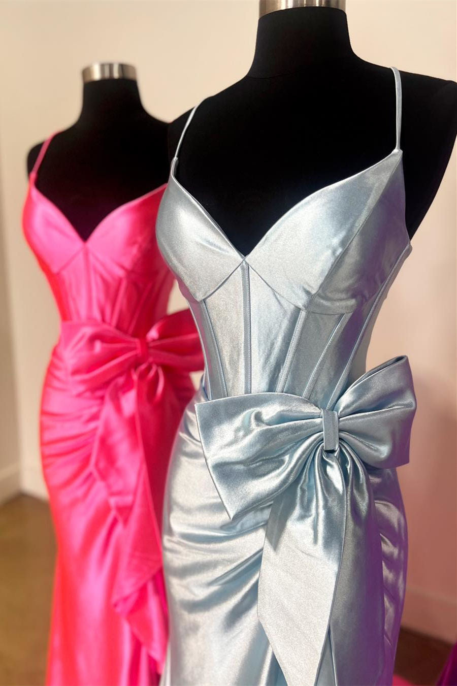Straps V-Neck Satin Mermaid Sheath Prom Dress with Bow