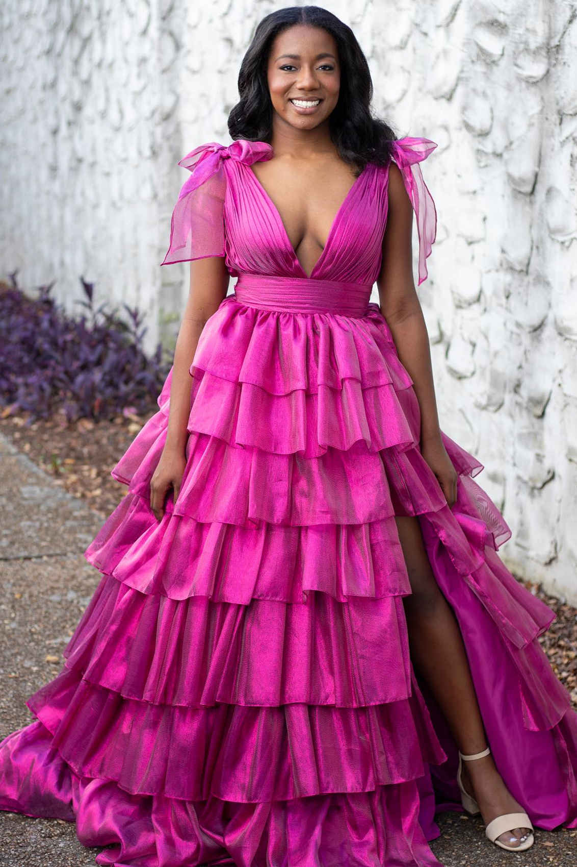 Glitter Tie Straps Cute Pink Plunging Neck Ruched Long Prom Dress