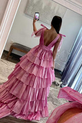 Glitter Tie Straps Cute Pink Plunging Neck Ruched Long Prom Dress