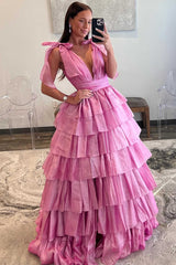 Glitter Tie Straps Cute Pink Plunging Neck Ruched Long Prom Dress