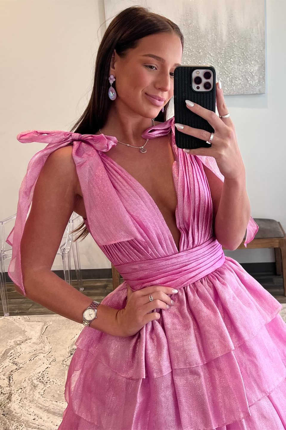 Glitter Tie Straps Cute Pink Plunging Neck Ruched Long Prom Dress