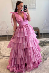 Glitter Tie Straps Cute Pink Plunging Neck Ruched Long Prom Dress