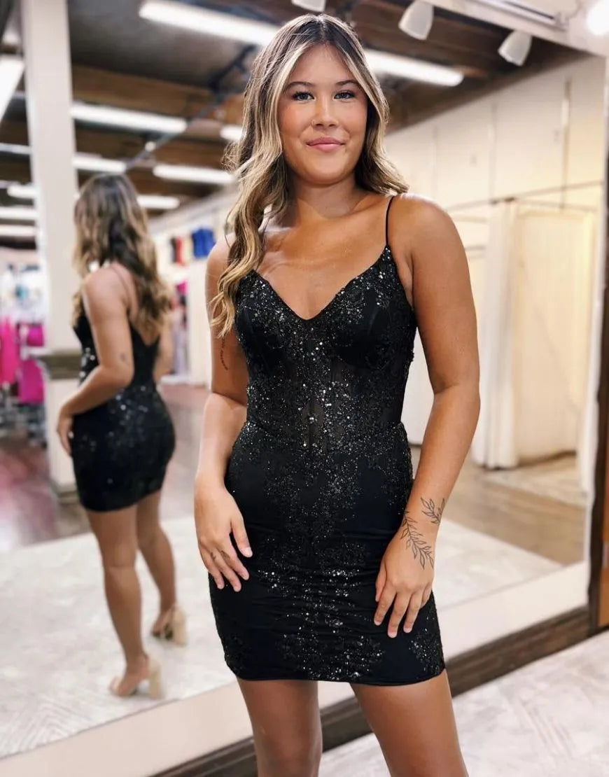Bodycorn V-neck Spaghetti Straps Bodice Mini Short Homecoming Dress