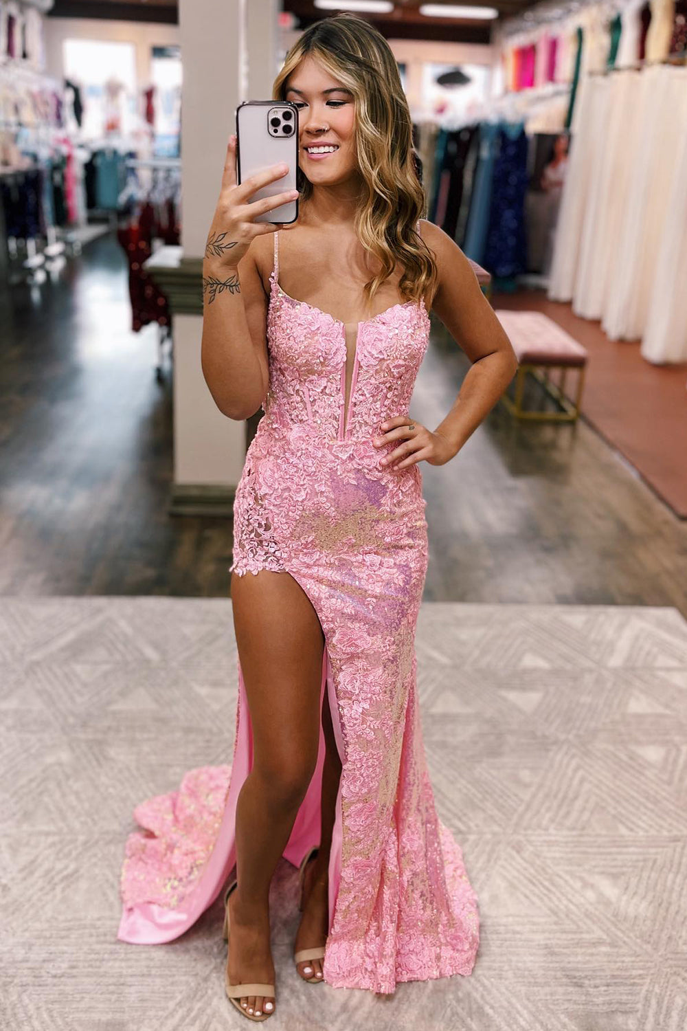 Mermaid Sheath Spaghetti Straps Appliqued Prom Dress with Slit
