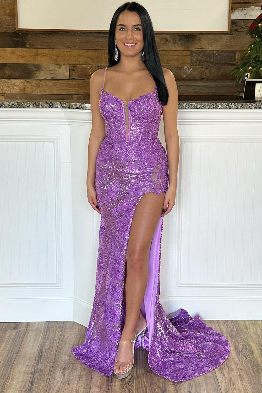 Mermaid Sheath Spaghetti Straps Appliqued Prom Dress with Slit