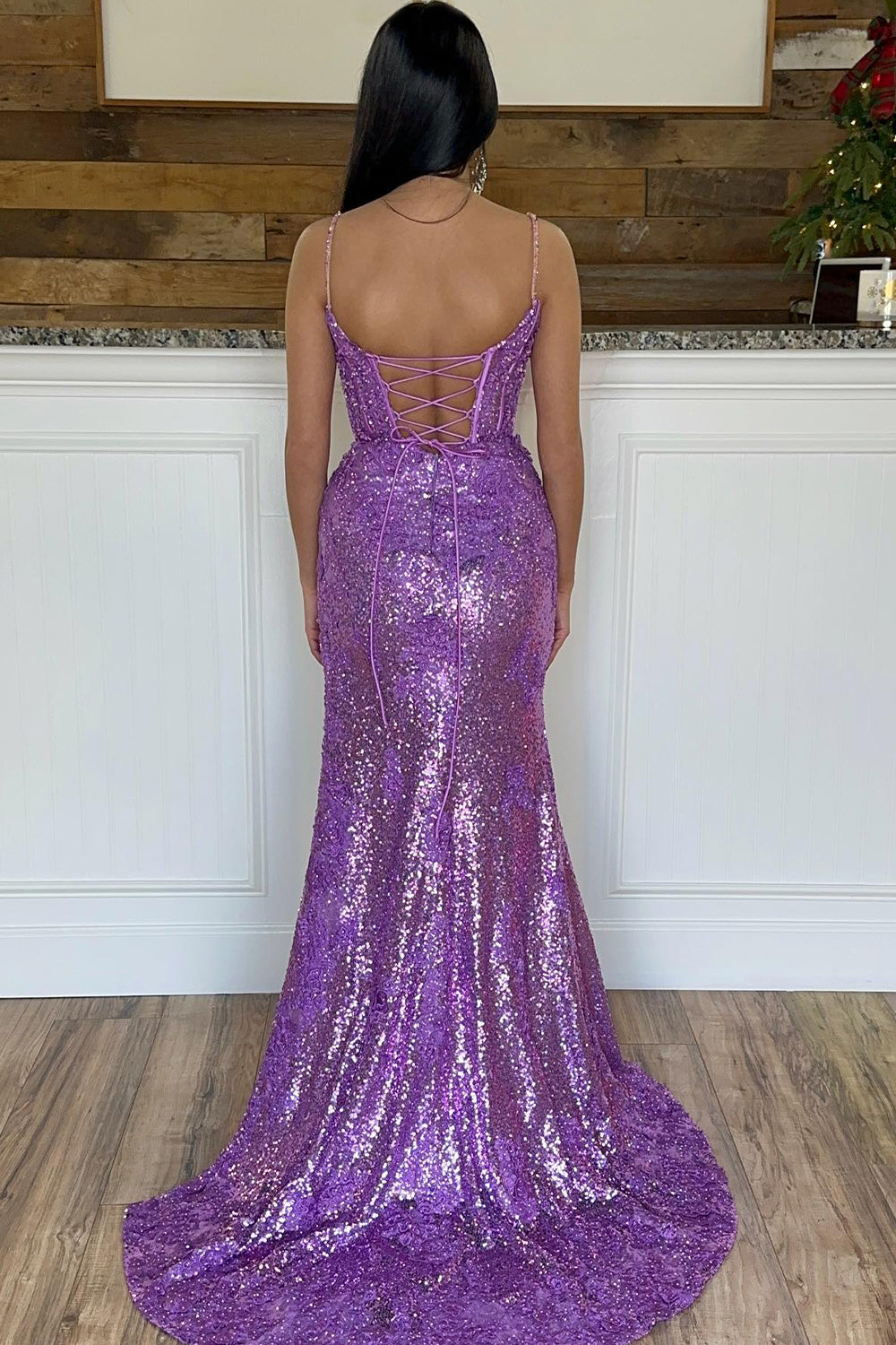 Mermaid Sheath Spaghetti Straps Appliqued Prom Dress with Slit