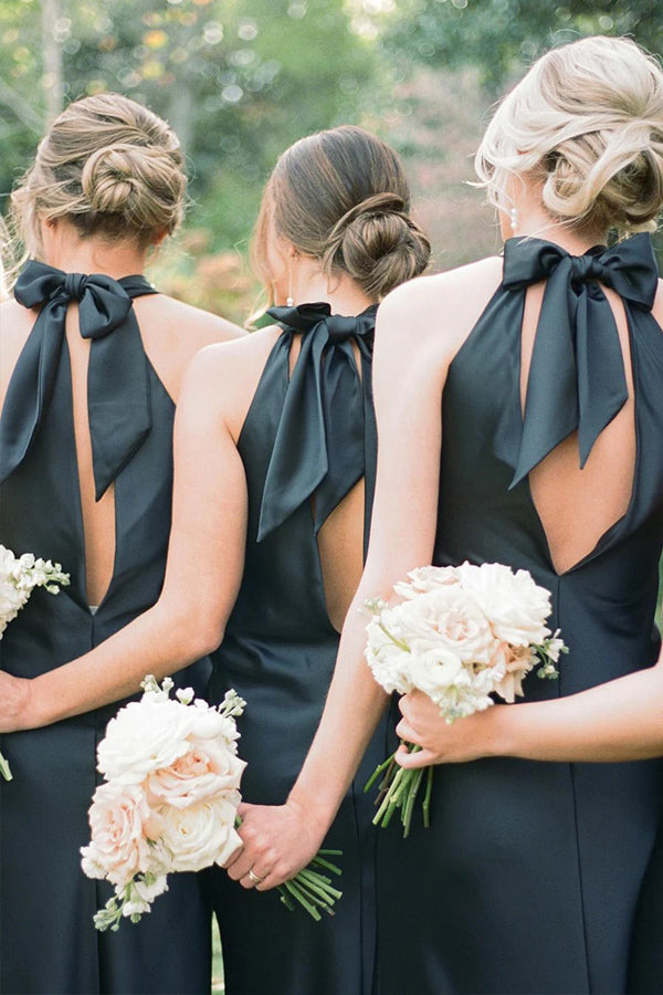 White Halter Neckline Cutout Back Long Bridesmaid Dress