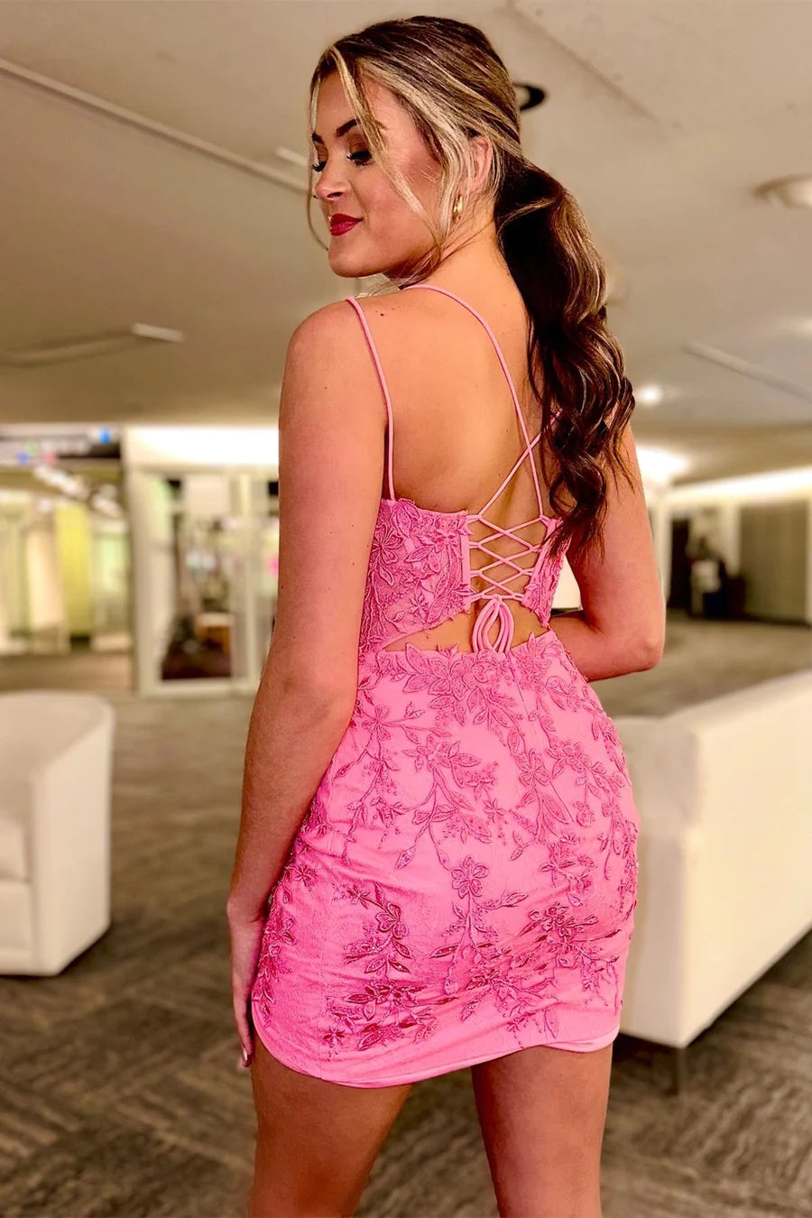 Hot Pink Appliqued Plunge V Lace-Up Short Homecoming Dress