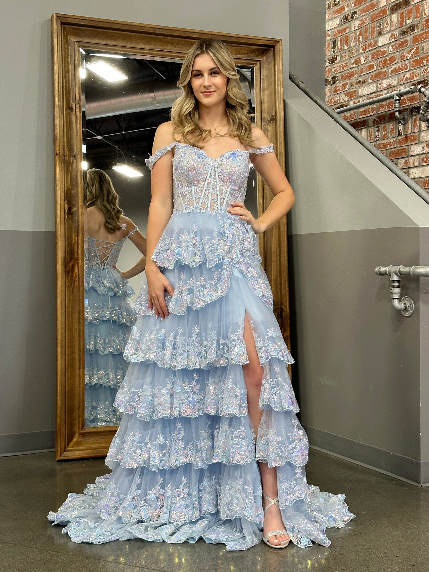 Princess A Line Off the Shoulder Corset Prom Dress with Lace Ruffles