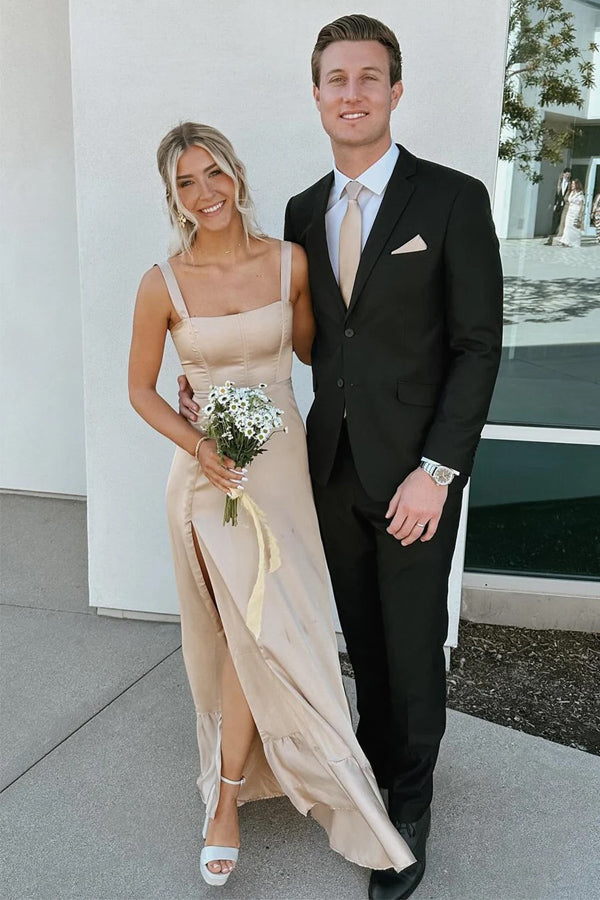 Champagne Lace Up A-Line Bridesmaid Dress with Slit