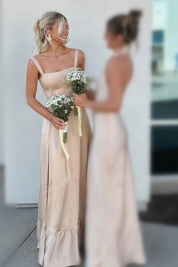 Champagne Lace Up A-Line Bridesmaid Dress with Slit