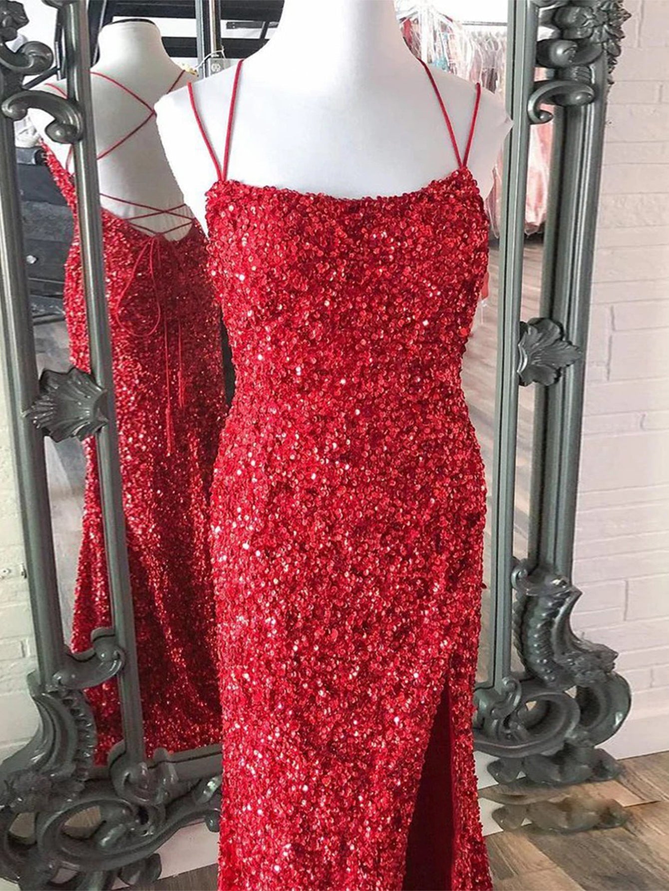 Mermaid Sheath Spaghetti Straps Long Sequins Prom Dress