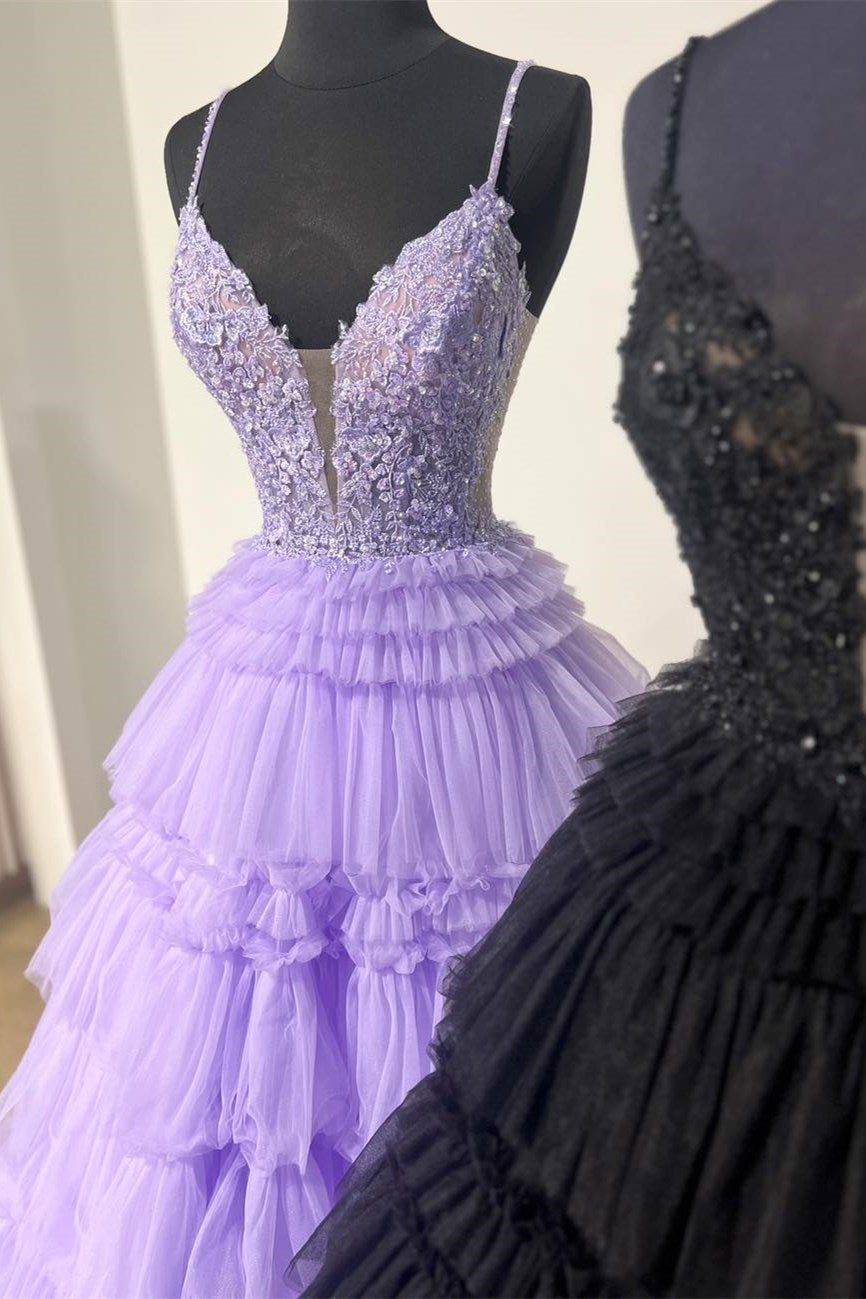 Black Beaded Spaghetti Strap Ruffle Ruched Ball Gown