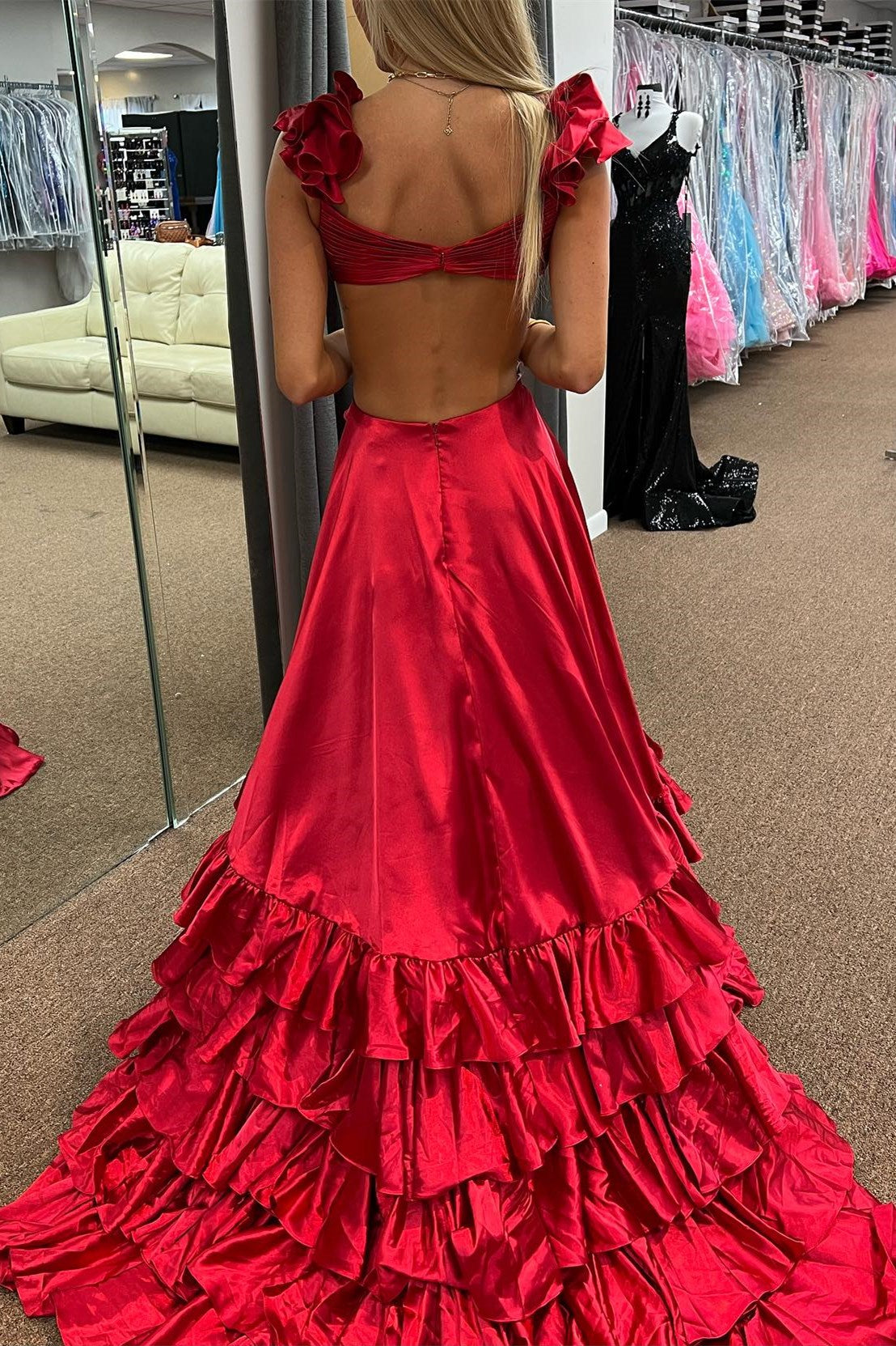 Red Cutout Ruffle A-Line Long Prom Dress with Slit