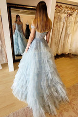 Light Blue Appliqued Off-the-Shoulder Ruffle Ruched Long Prom Dress