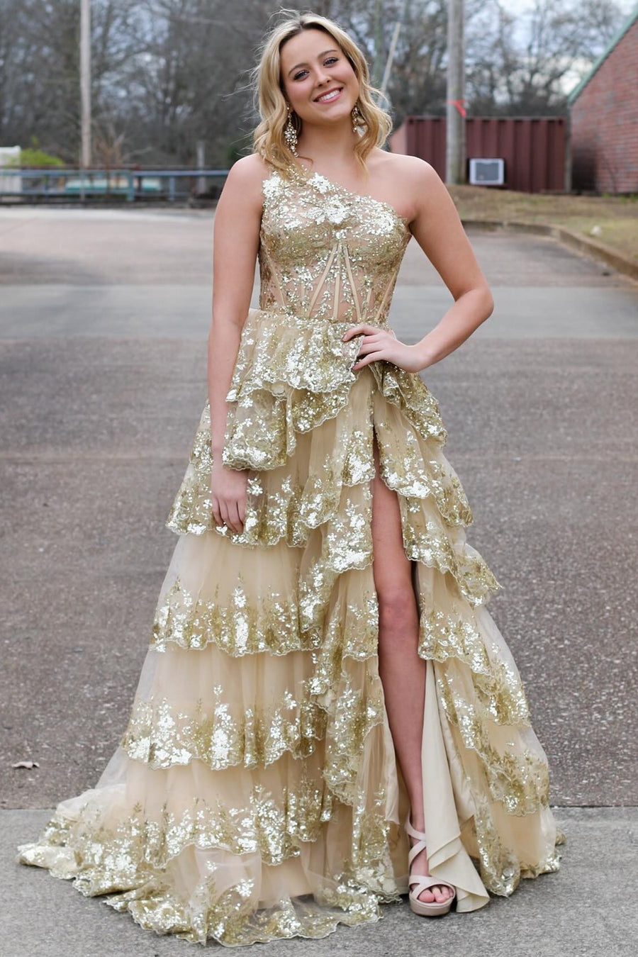Bodycon One Shoulder Ruched Lace Long Prom Dress
