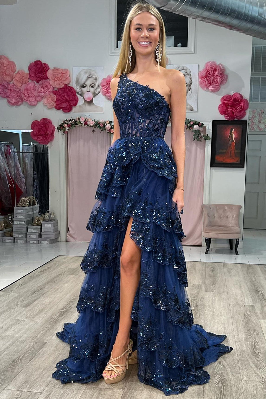 Bodycon One Shoulder Ruched Lace Long Prom Dress