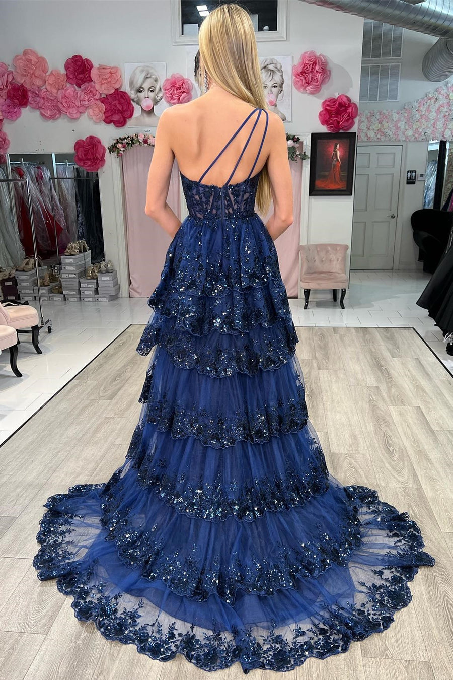 Bodycon One Shoulder Ruched Lace Long Prom Dress