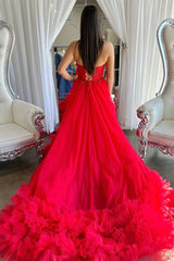 Red Tulle Appliqued Sweetheart Ruffle Long Prom Dress