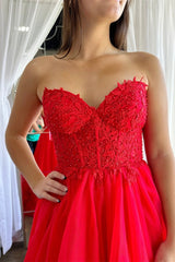 Red Tulle Appliqued Sweetheart Ruffle Long Prom Dress