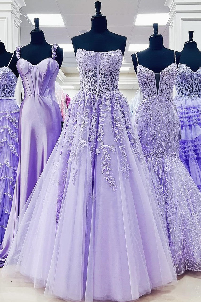 Blue Appliqued Strapless A-Line Long Prom Dress