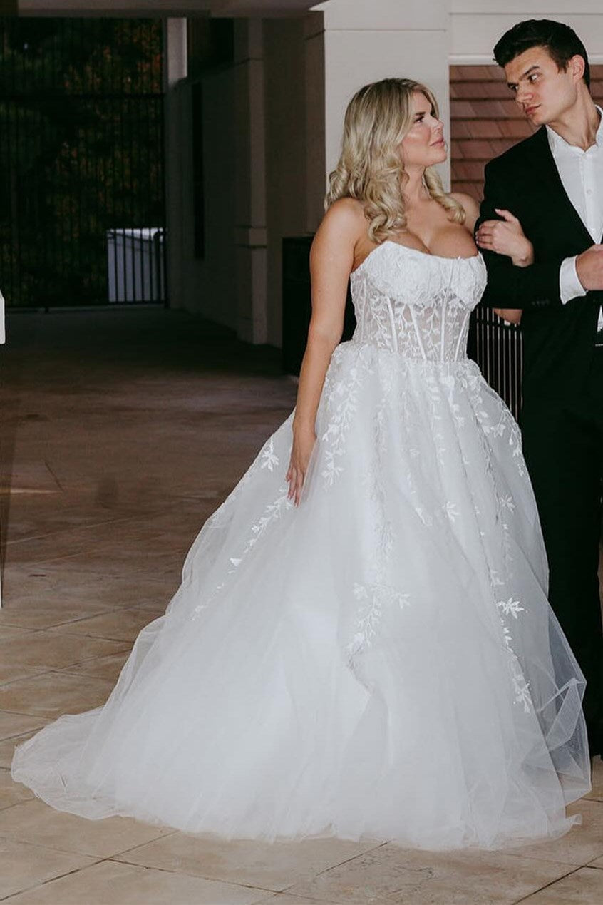 Blue Appliqued Strapless A-Line Long Prom Dress