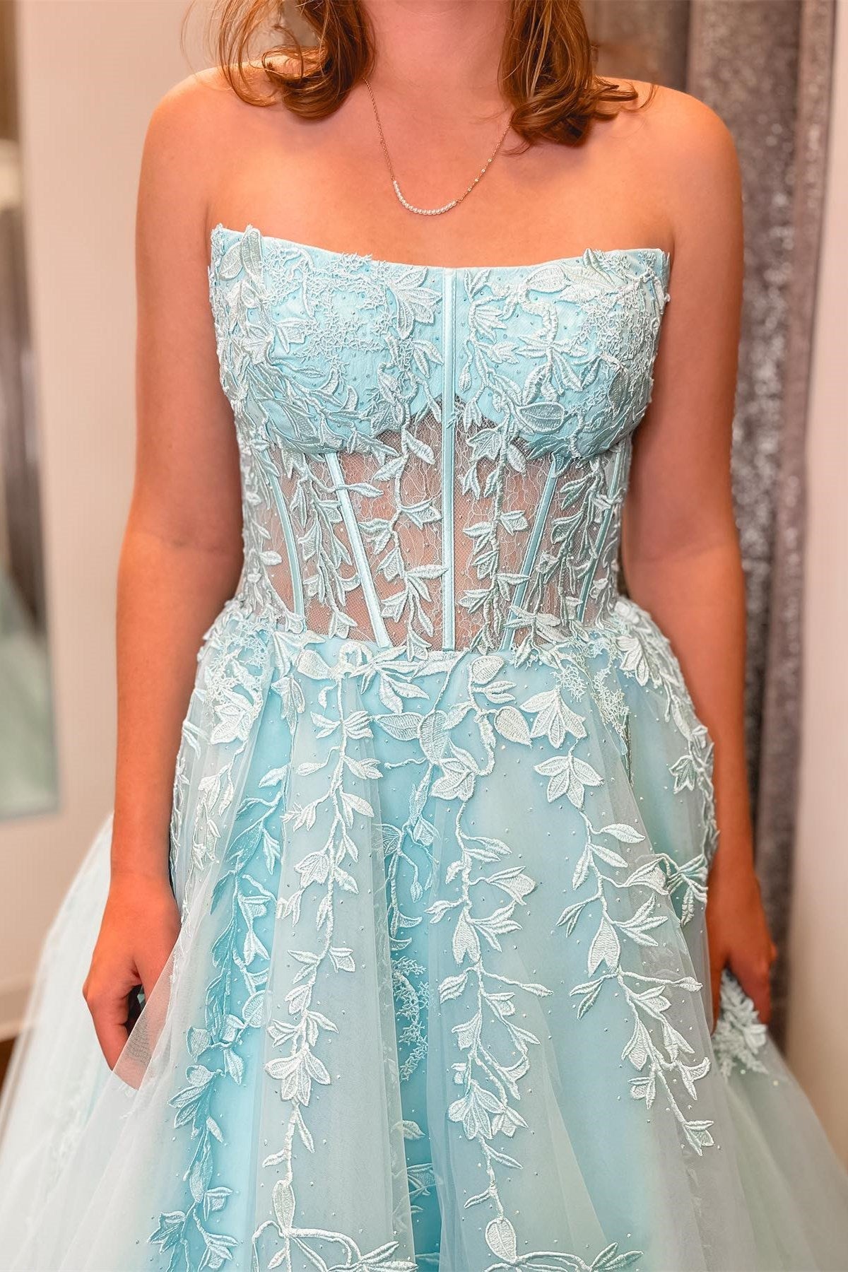 Blue Appliqued Strapless A-Line Long Prom Dress