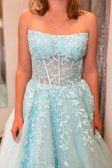 Blue Appliqued Strapless A-Line Long Prom Dress