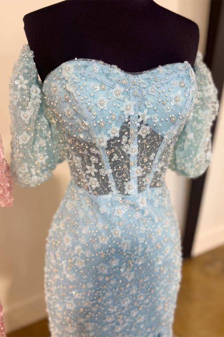 Cute Pink 3D Floral Lace Sweetheart Mermaid Sheath Long Prom Dress with Slit