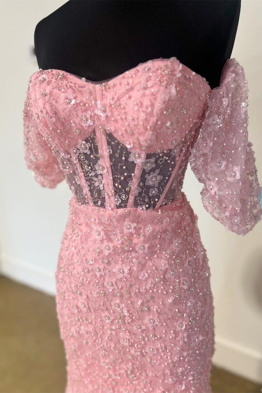 Cute Pink 3D Floral Lace Sweetheart Mermaid Sheath Long Prom Dress with Slit