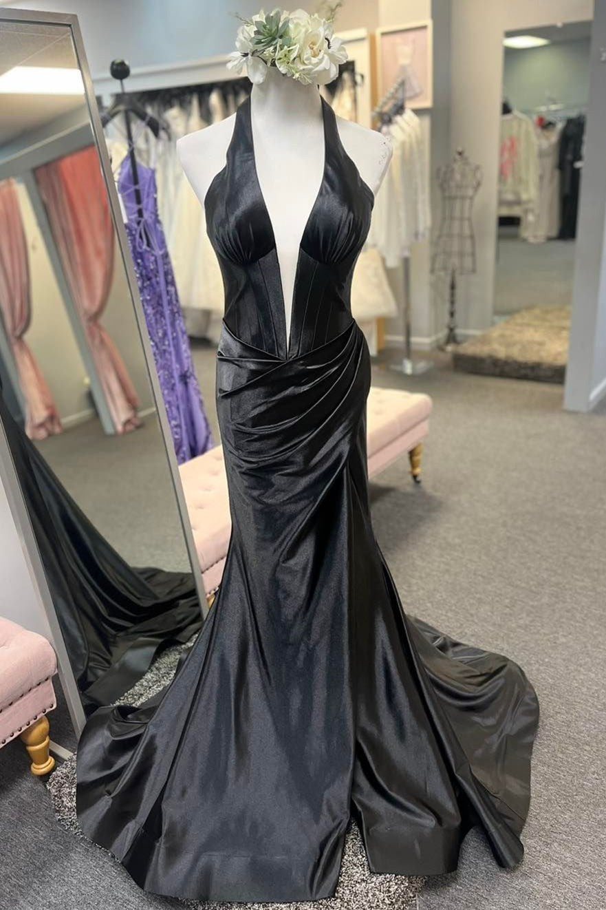 Navy Halter Mermaid Sheath Long Formal Dress with Slit