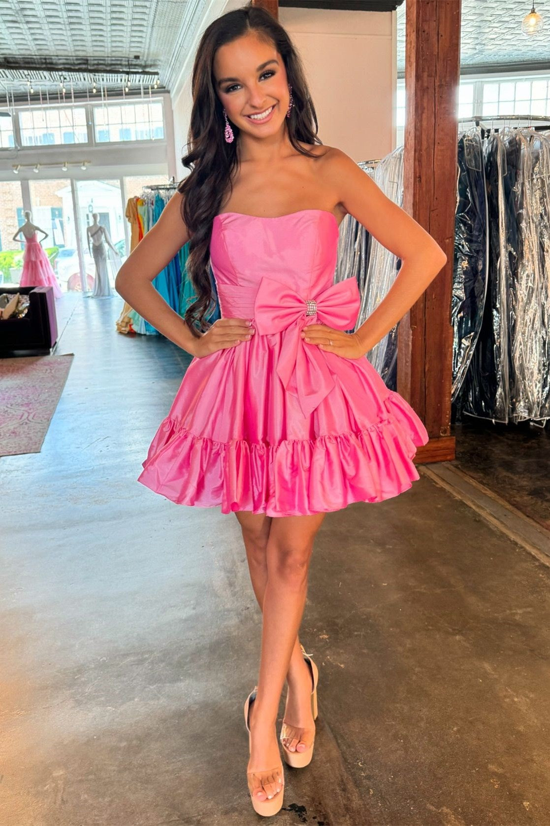 Cute Pink Strapless Ruffle Homecoming Dress with Bowtie