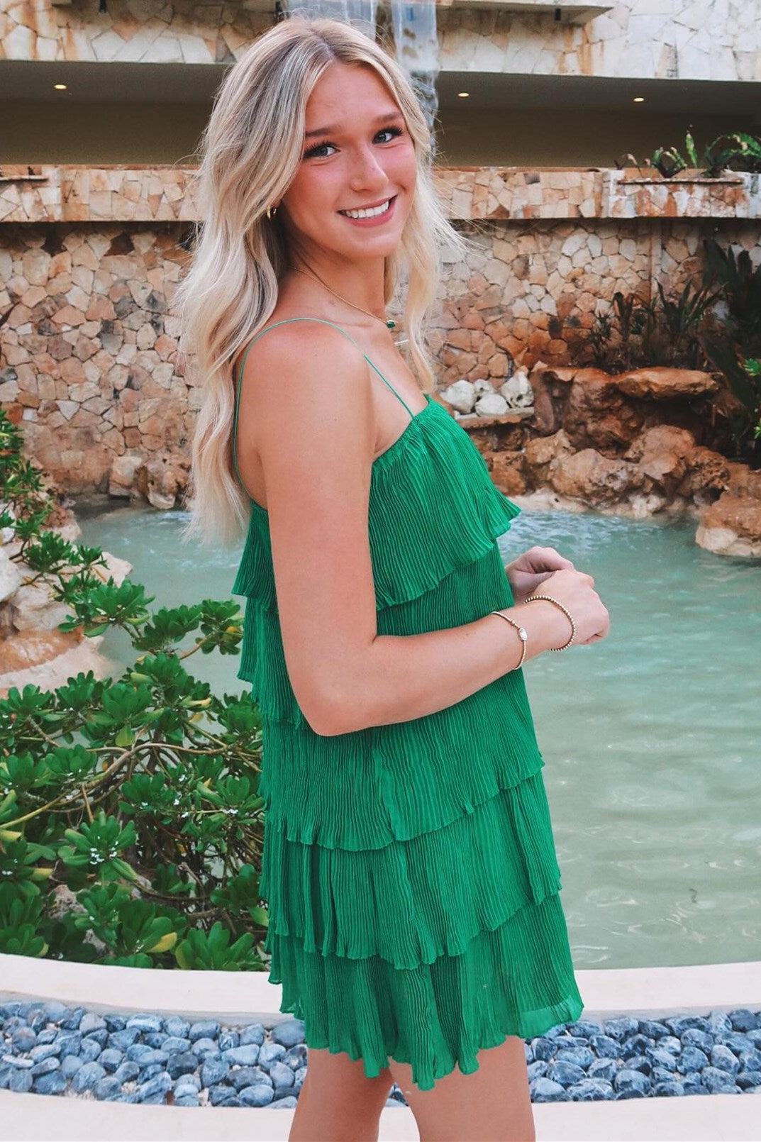 Green Spaghetti Strap Ruffle  Ruched Pleated Party Dress